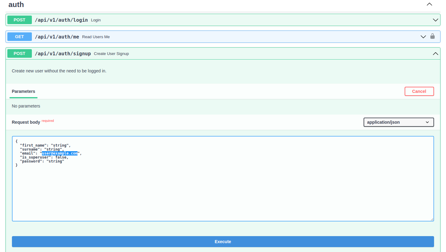 Auth endpoint swagger UI